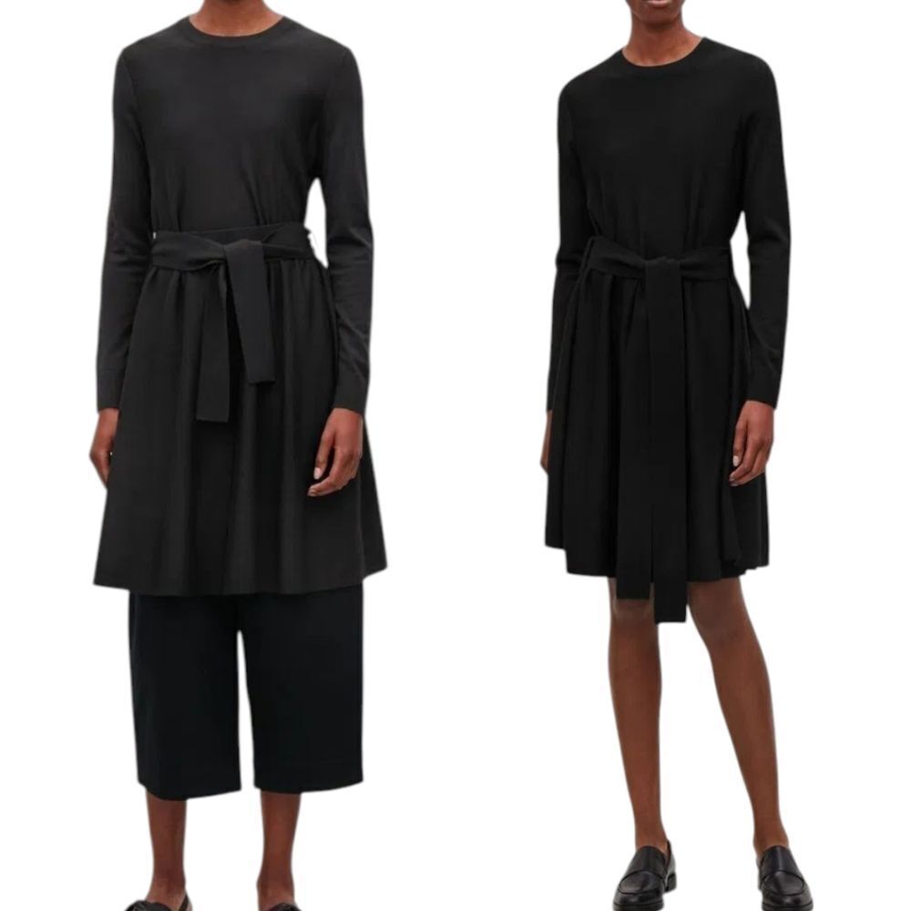 COS Minimalist A-Line Black 💯 Merino-Wool Knit Dress M Long Sleeves